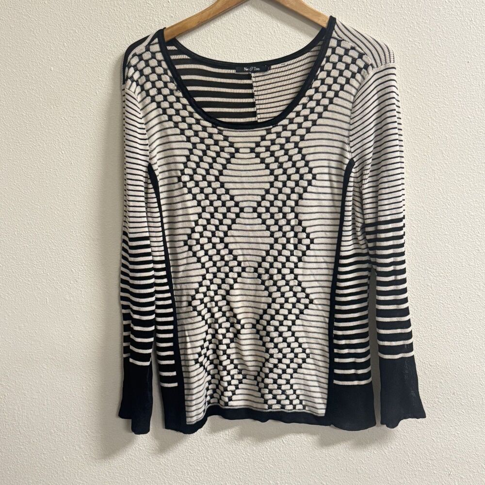 Vintage NIC+ZOE Womens XL Black Cream Mixed Stripe Geometric Knit Top Y2K